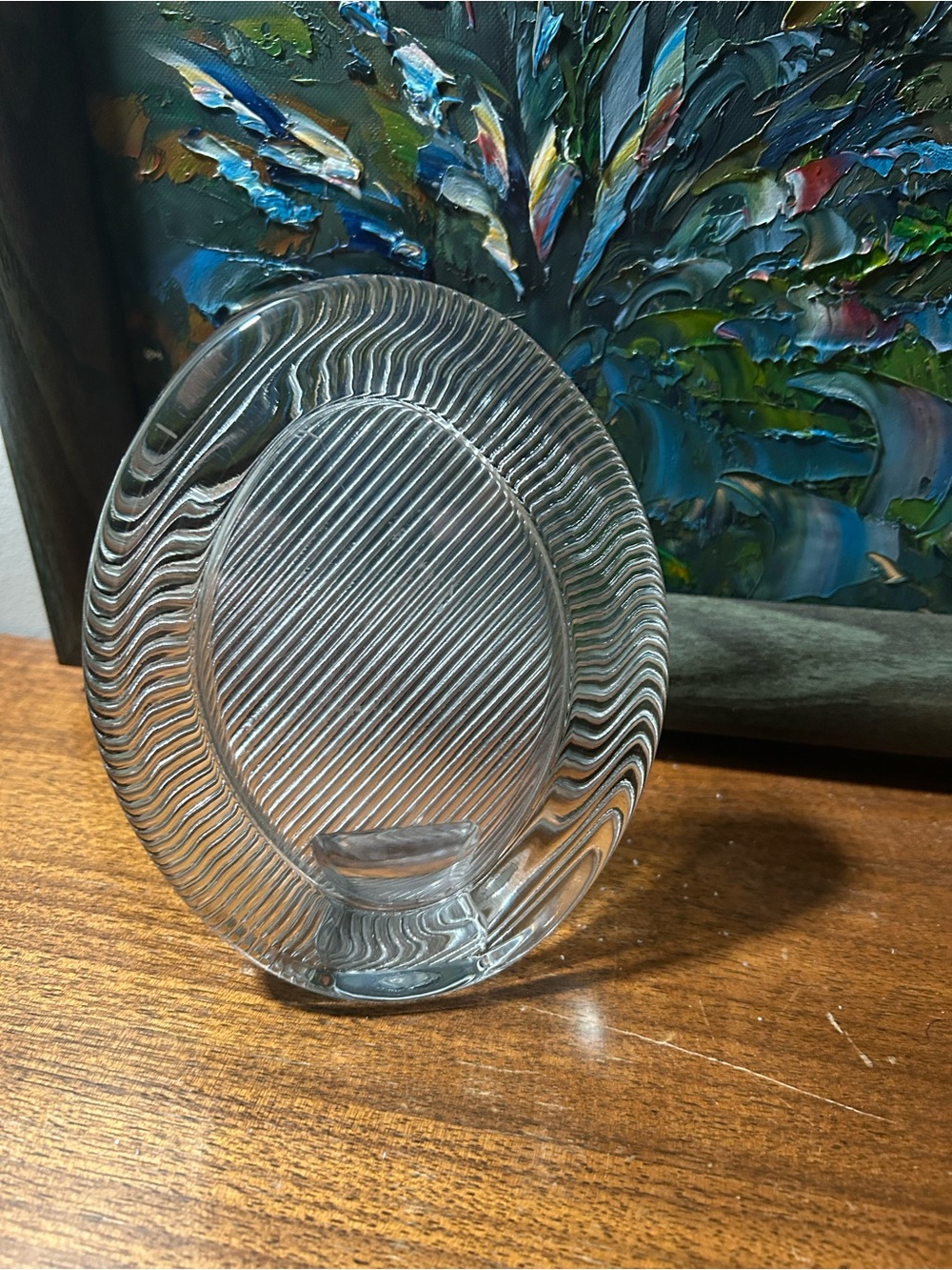 Vintage Mikasa Crystal Oval Picture Frame Postmodern Ribbed Wavy 1980s Art Deco